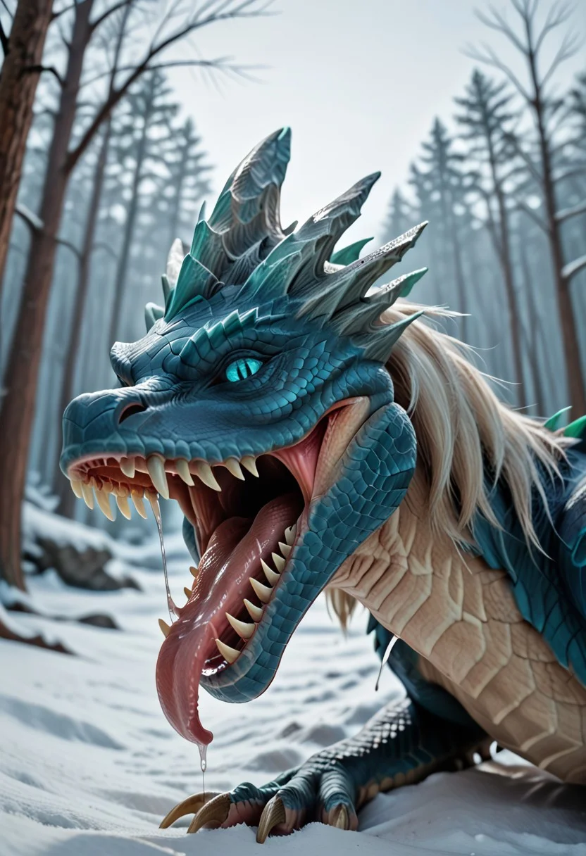 super realistic image ultra quality and super high resolution and sharp focus photorealistic style, Ultra-HD-details, nature, realistic teeth, Create a photorealistic image that shows a dragon, female, animal, winter_wyvern_dota2, no human, outdoors, open mouth, winter_wyvern_dota2 mouth, yawning, tongue out, side view, happy, digestion noises, sound effects, maw shot, throat, pretty pang, perfect tongue, perfect pangs, licking viewer, maw shot, uvula, extremely close up, oral vore invitation, swallowing viewer, wide open mouth, viewer's pov in the dragon's mouth, pov being swallowed,
mawshot, mouth close-up,