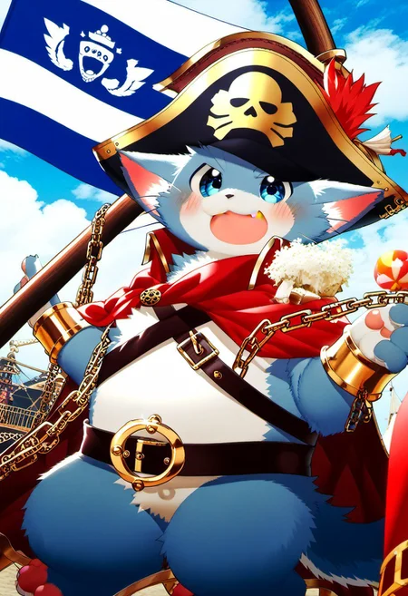 score_9, score_8_up, score_7_up, ((((sdgs4zuppu11)))), animal, solo, blushing, blue eyes, cape, cat, chain, flag, furry, cute, kemono, furry male, no man's, open mouth, pirate, pirate hat, zPDXL3