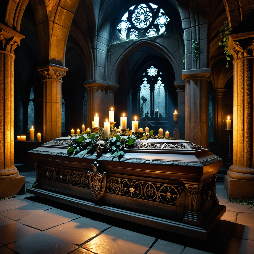 horror-themed A dramatic and atmospheric photograph of the interior of an ancient crypt, dimly lit by flickering candlelight. The crypt features old, cracked stone walls covered in moss and ivy, with intricate carvings and Gothic details etched into the stone. At the center of the crypt lies an ornate vampire coffin, made of dark, polished wood with silver and gold inlays, adorned with ancient symbols and intricate Gothic patterns. The coffin is slightly ajar, revealing a glimpse of red velvet lining. Surrounding the coffin are scattered bones, dusty cobwebs, and antique candelabras with melting candles, casting eerie shadows across the crypt. The mood is dark, mysterious, and hauntingly beautiful, with subtle rays of pale moonlight filtering through a small, broken stained-glass window.
<lora:SDXLFaeTastic2400:0.4> <lora:extremely_detailed:0.4> extremely detailed,, eerie, unsettling, dark, spooky, suspenseful, grim, highly detailed, Masterpiece,best quality,hi res,8k,hi res,8k,award winning,(sharp focus, intricate, highly detailed),