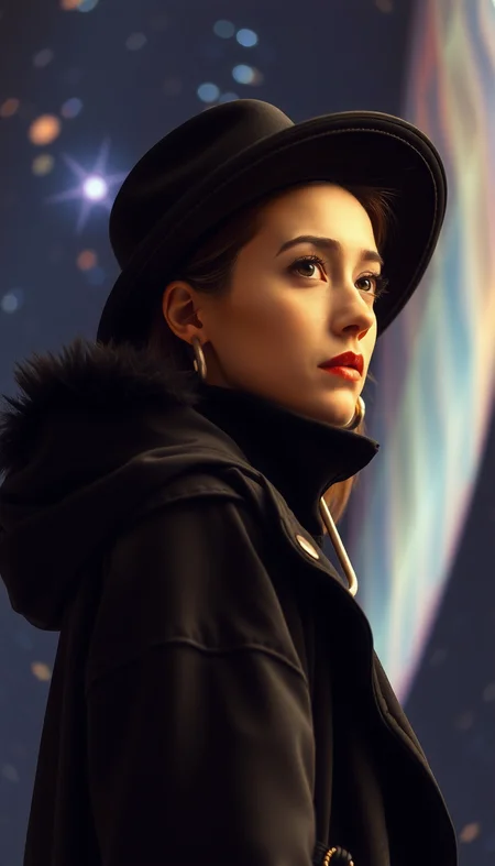 positiv Clip L:
positiv Clip G:
a photography of a woman in a black hat and a black jacket and a black jacket and a black hat, raw photo, (realistic:1.5), (half-length portrait:1.0), (29-years-old:1.5), (professional photo, balanced photo, balanced exposure:1.2), (film grain:1.15), A fortress floating within the Astral Plane, where celestial beings and starry entities reside, guarding the secrets of the cosmos and the paths to other dimensions.