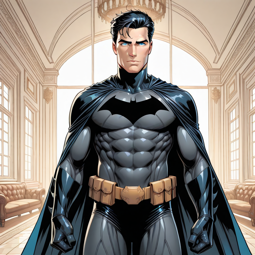 <lora:Batman_-_IO_Illustrious:1>,1boy, Bruce Wayne, short hair, black hair, blue eyes, batsuit, cape, in a mansion