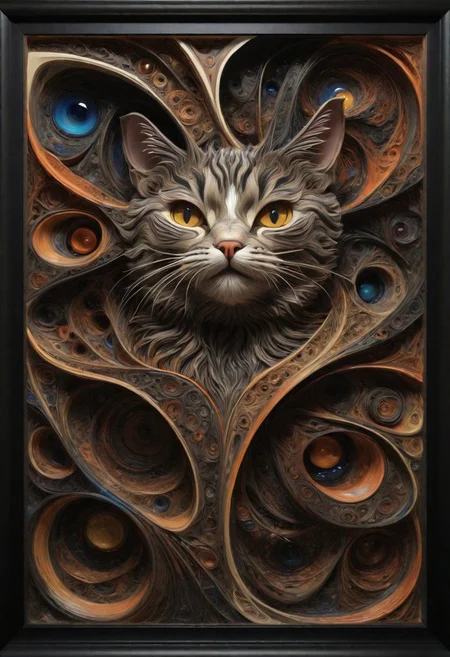 Cats, in the outta realms of your mind, abstract details, distinctive visuals, Intricate, (3D Framed, Cat)