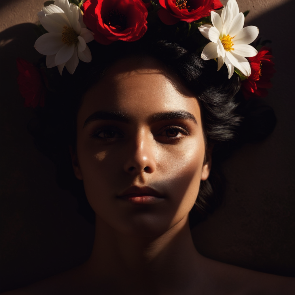 cinematic film still of  <lora:Chiaroscuro Lighting Style:1>
from above, dramatic, cinematic, shadow, partially covered in shadow, a woman with flowers in her hair Chiaroscuro Lighting Style, solo, black hair, 1boy, brown eyes, flower, male focus, black eyes, shadow, sunlight, white flower, red flower, portrait, realistic, shade, side light, shallow depth of field, vignette, highly detailed, high budget, bokeh, cinemascope, moody, epic, gorgeous, film grain, grainy