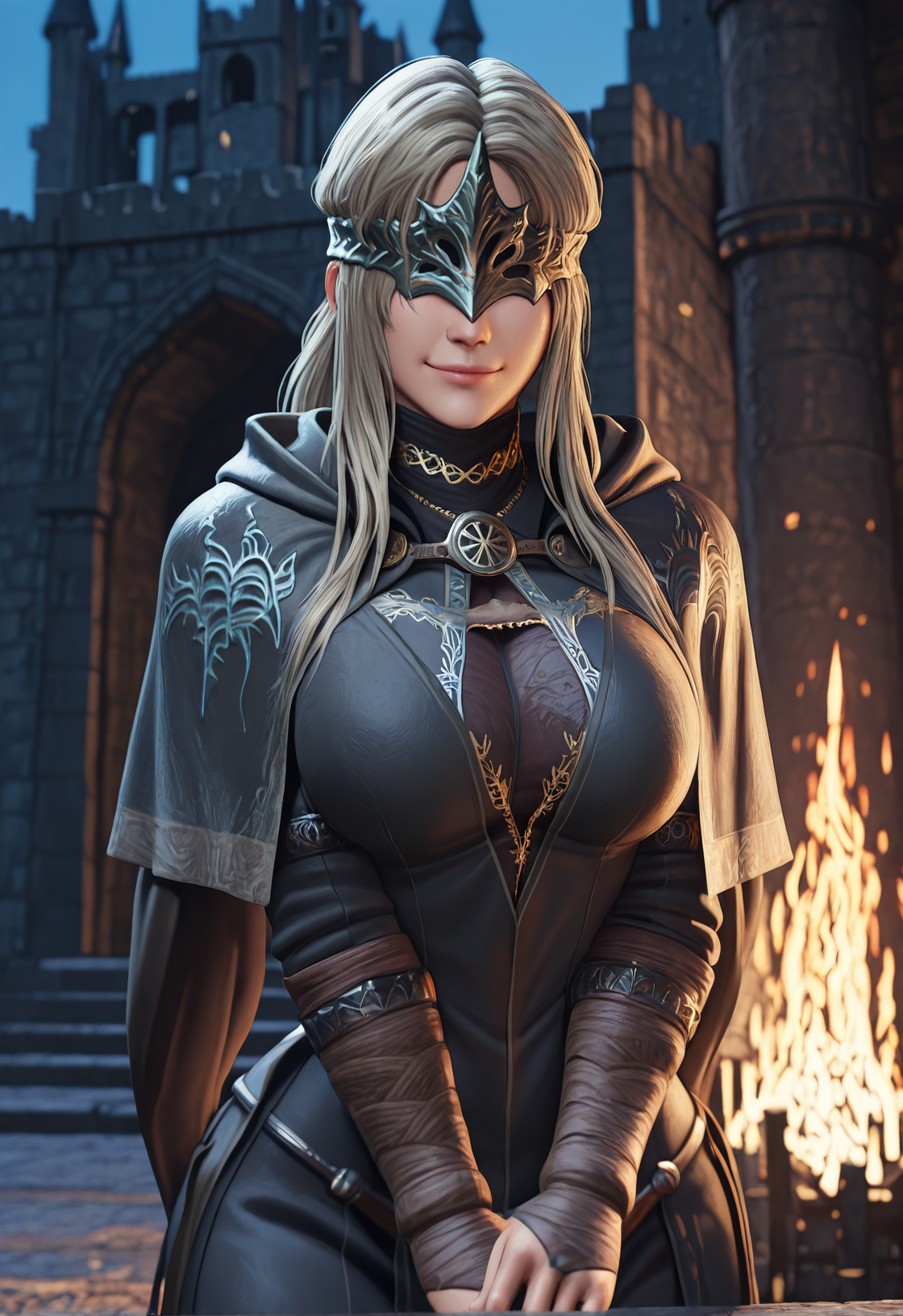 masterpiece, best quality, realistic,3d, ryanreos, 1girl,  fire keeper \(dark souls\) ,clothed,arms together, eyewear, covered eyes,ruined castle, smile  <lora:RyanreosILv4:1>