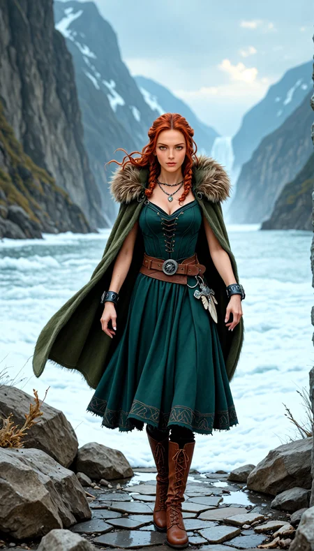 (photo realism, pr3tty_h4lluc1nat10ns), <lora:NordicByNatureILL:0.8> nordicbynature, Anna_Keye, (dynamic action pose:1.2), cleavage, (red hair, mist-laced cliff, auroras, rune stone), Clad in a long, deep-green woolen dress embroidered with knotwork at the cuffs and hem, braided hair wrapped in leather cord, cinched at the waist by a woven leather belt hung with rune-etched bronze discs, a fur cloak draped over her shoulders, standing near a glowing rune stone and a stone circle as snow swirls across the fjord behind her, soft leather boots, bone jewelry at her neck, and the winter light illuminating her watchful gaze as ravens circle above.