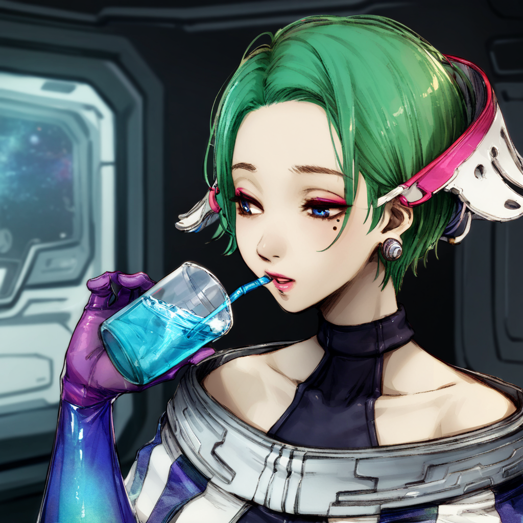 best quality, masterpiece, stella, short hair, green hair, jewelry, earrings, blue eyes, bare shoulders, gloves, space suit, collarbone, hair ornament, makeup, turtleneck, spaceship interior, a mole under left eye, drinking water