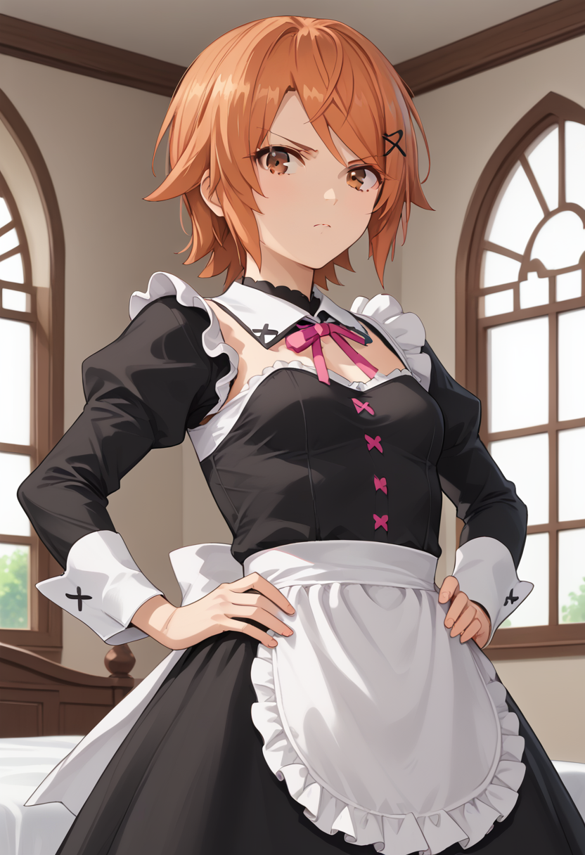 <lora:Flum Apricot - ROAD-000010:1>, F1umAp1cot, 1girl, short hair, orange hair, brown hair, swept bangs, brown eyes, small breasts, black bow, black dress, black ribbon, bow, dress, detached collar, frilled apron, frilled sleeves, frills, maid, hair ornament, hairclip, juliet sleeves, long sleeves, neck ribbon, petticoat, pink ribbon, puffy sleeves, ribbon, roswaal mansion maid uniform, white, apron, white thighhighs, x hair ornament, day, serious, standing, looking at viewer, bedroom, hands on own hips,