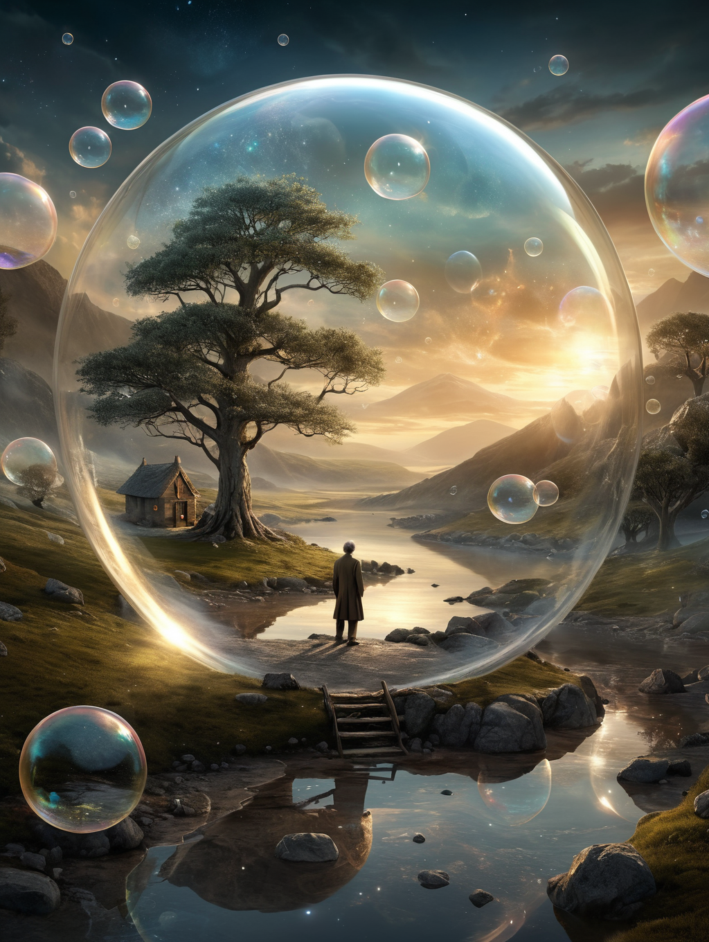 digital art in the style of epic Surreal, abstract, bizarre, A quiet and peaceful scene surrounded by a glittering bubble that makes time stand still, 32k uhd, focus eyes, fearsome appearance, masterpiece, high resolution, HD, 8k, best quality, intricate details, <lora:add-detail-xl:1.8>