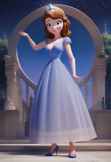 princess Sofia,brown hair,blue eyes,score_up_8, score_up_9, 1girl, solo, medium breasts, 18 years old, sky blue night gown,provocative, seducatuve smile, high heels, high quality, 8k,best quality, HD, masterpiece, in royal garden, nigh sky,starry night,