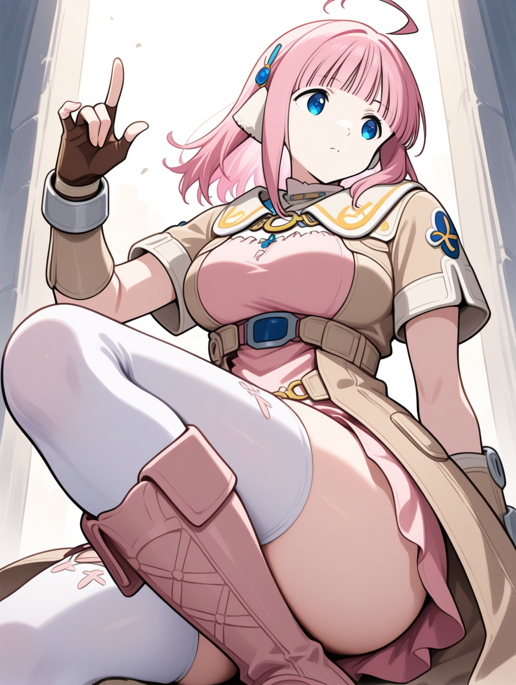 perfect quality,best quality,absolutely eye-catching,ambient occlusion,raytracing BREAK
1girl,<lora:miki IL v1.1_1:0.9>,miki,pink hair,medium hair,blunt bangs,blue eyes,hair ornament,brown coat,short sleeves,pink dress,short dress,bracers,fingerless gloves,brown gloves,white thighhighs,boots,, from below, looking away,macro_shot,reclining,hand_gesture,curvy,open_stance,