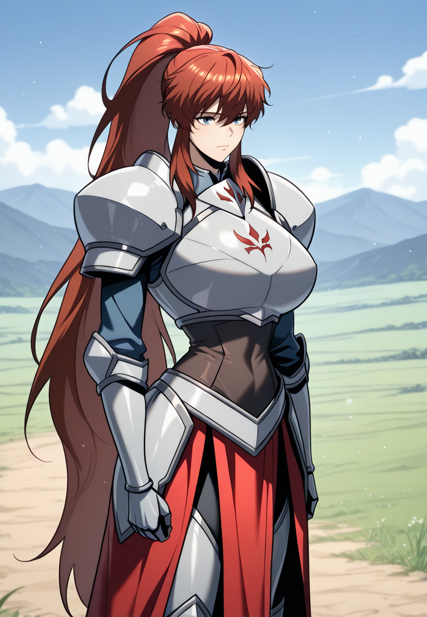 zPDXL3, score_9_up, score_8_up, score_7_up, ,Masterpiece,(perfect female body:1.2), small waist, (incredibly detailed:1.4), beautiful fingers, (large breasts:1.4), huge breasts, <lora:Eileen_Floyd_-Regressor_of_the_Fallen_Family_Kaleid_Illustrious:1> eileenfloyd, 1girl, very long hair, ponytail, blue eyes, red hair, gauntlets, boots, armor, breastplate, outdoors,