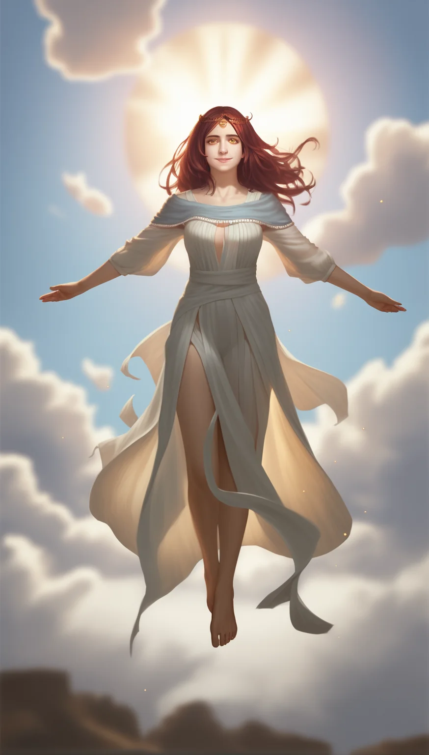 score_9,score_8_up,score_7_up,
<lora:Gwynevere:0.9>,
highres,photorealism,bloom,
dsgwynevere,
1girl,solo,
brown red hair,long hair,parted bangs,bouncing hair,
yellow eyes,looking at viewer,smile,parted lips,
gold headpiece with a central gemstone,
sheer robe,barefoot,
full body,(floating in air:1.2),drop from the clouds,drop from the skies,face focus,perspective,(upside-down:0.4),
blurry background,vignetting,
outdoors,sun,cloud,sky,wind,
light particles,glowing,