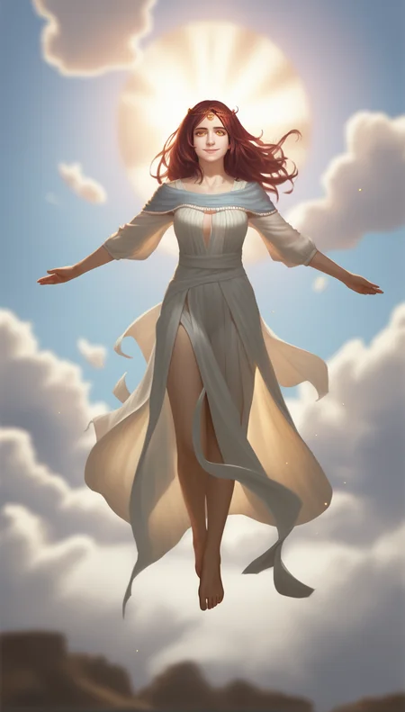score_9,score_8_up,score_7_up,
<lora:Gwynevere:0.9>,
highres,photorealism,bloom,
dsgwynevere,
1girl,solo,
brown red hair,long hair,parted bangs,bouncing hair,
yellow eyes,looking at viewer,smile,parted lips,
gold headpiece with a central gemstone,
sheer robe,barefoot,
full body,(floating in air:1.2),drop from the clouds,drop from the skies,face focus,perspective,(upside-down:0.4),
blurry background,vignetting,
outdoors,sun,cloud,sky,wind,
light particles,glowing,