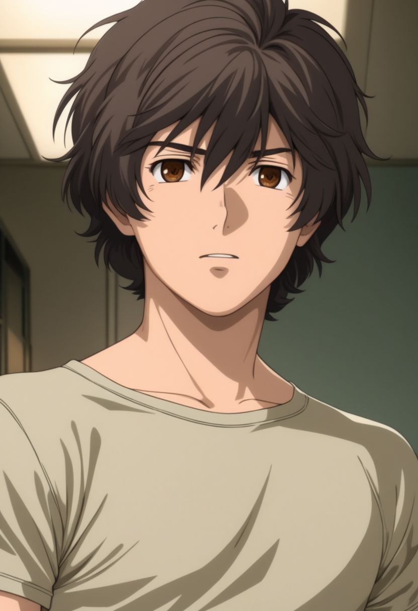ASCII banagher_links, 1boy, male focus, solo, shirtless, slim, thin waist, warm beige skin, brown hair,
detailed symmetric glossy eyes, expressive eyes, large brown eyes, looking at the viewer,
detailed torso, medium shot,
masterpiece, best quality, ultra high res, intricate detail, clamshell warm lighting