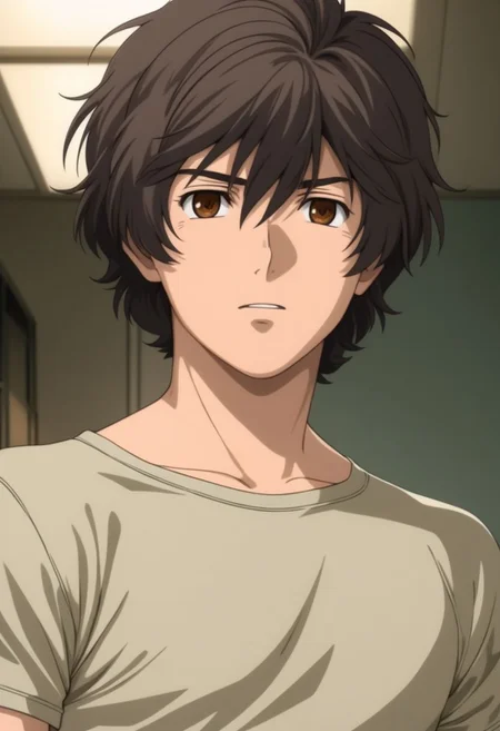 ASCII banagher_links, 1boy, male focus, solo, shirtless, slim, thin waist, warm beige skin, brown hair,
detailed symmetric glossy eyes, expressive eyes, large brown eyes, looking at the viewer,
detailed torso, medium shot,
masterpiece, best quality, ultra high res, intricate detail, clamshell warm lighting