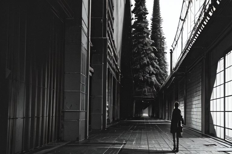 highly insanely detailed, masterpiece, top quality, best quality, highres, 4k, 8k, RAW photo, (very aesthetic, beautiful and aesthetic),  
tsutomu nihei,nihei_tsutomu,blame!,blame gakuen!,abara,TNstyle,sidonia_no_kishi,(deep horizon),toha heavy industries,bridge,dark background,open space, 
<lora:blameLora_v10:0.5>, 
(1girl:1.3), 
solo focus, 
ancient japanese buildings,âââ