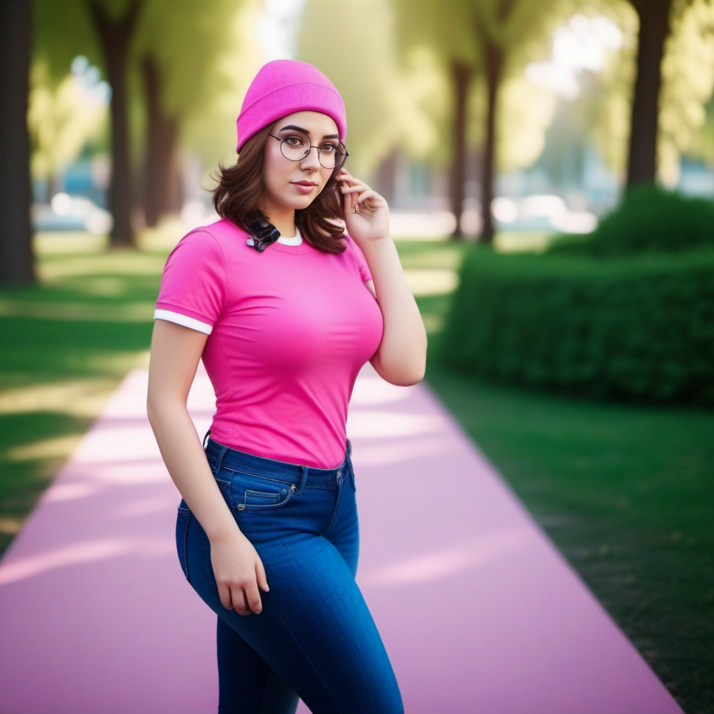 cinematic photo a full body woman, brown hair, glasses, pink shirt, jeans pants, beanie, park<lora:Meg1024:0.8> . 35mm photograph, film, bokeh, professional, 4k, highly detailed