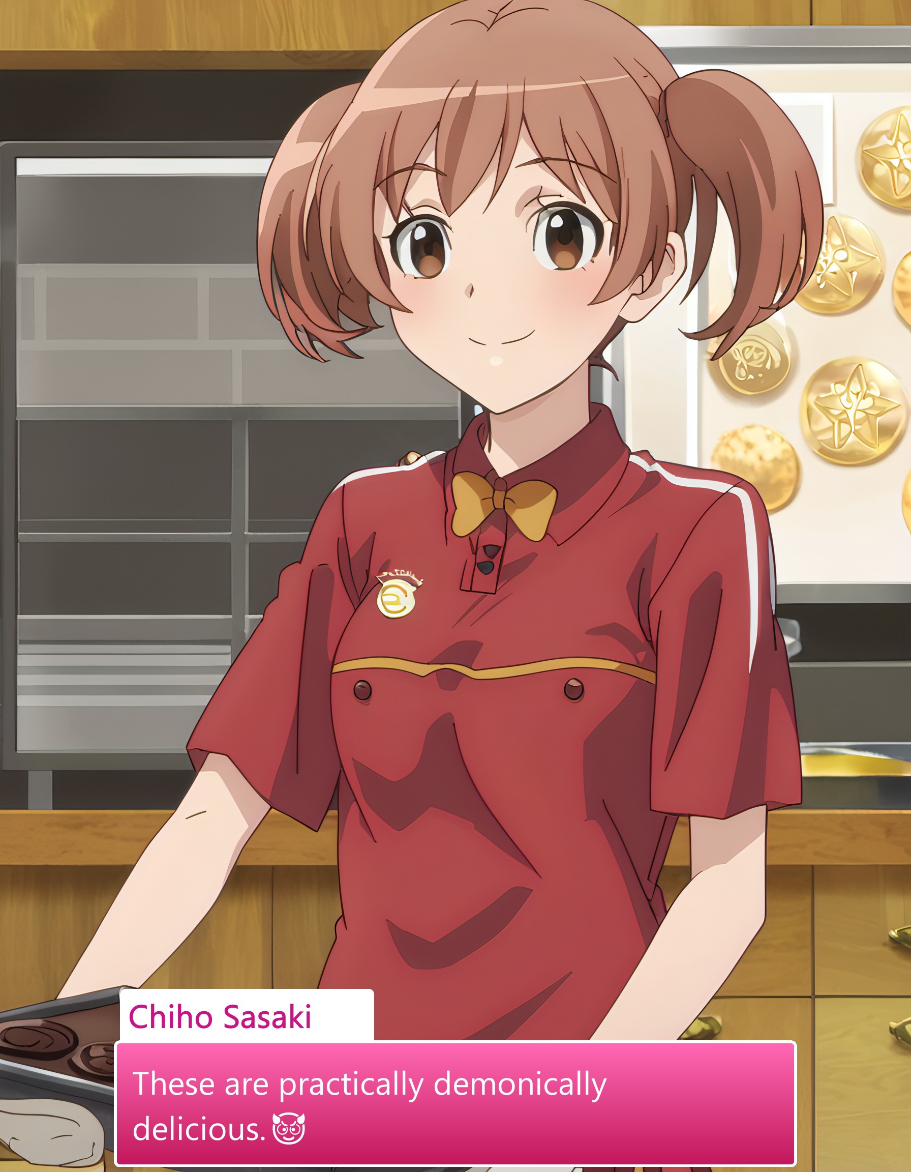 score_9, score_8_up, score_7_up, source_anime, anime screencap, baking valentines cookies, looking at viewer, blush, smile, gloves, holding, frills, food, indoors, apron, chocolate, cookie, oven mitts,, Chiho Sasaki, Short brown hair, Large brown eyes, Fair skin, Youthful appearance, Shoulder-length hair, Usually wears school uniform, Slim build, Modest clothing style, Chiho, short hair, brown hair, short twintails, brown eyes, employee uniform, skirt,