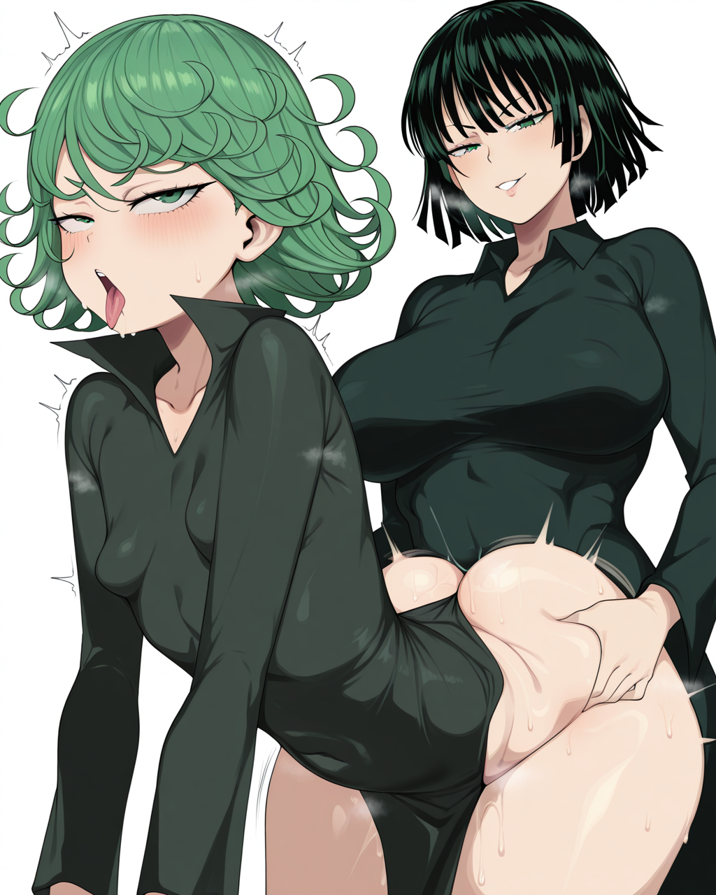 2girls, futa with female, ADDCOL, tatsumaki,green hair,wavy hair,green eyes,black dress,collared dress,small breasts,naughty face, ADDCOL, fubuki \(one-punch man\),black hair,green eyes,green dress,large breasts,ahegao,rolling eyes, ADDCOL, cham22, doggystyle, (sex:1.1), motion lines, curvy, plump, steam, smell, steaming body, looking at viewer, cowboy shot, simple background, white background, masterpiece, best quality, very aesthetic, absurdres