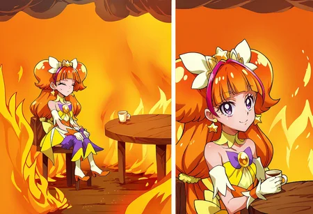 score_9, score_8_up, score_7_up, 2koma, comic, fire, sitting, speech bubble, burning, table, chair, cup, <lora:ThisIsFine_pdxl_Incrs_v1:1>, curetwinkle