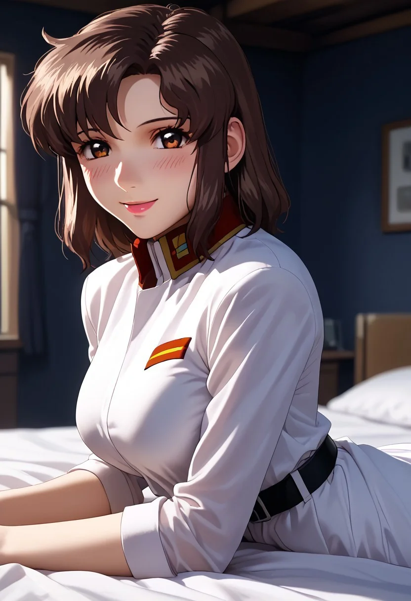 score_9,score_8_up,score_7_up,source_anime, 
1girl, solo, murrue ramius, murrue, 
brown hair
white uniform, white skirt, pantyhose, belt, 
breasts, large breasts, 
looking at viewer, smile, blush, 
nebakku, on stomach,lying, 1girl, sex, 1boy, sex from behind, 
indoors, bedroom, dorm, bed, dark background, bokeh, volumetric,