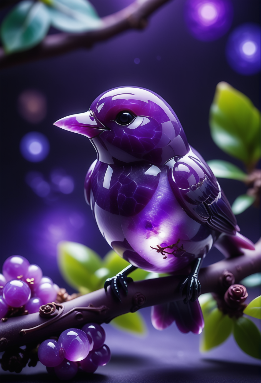 ((a bird made out of reij-prplmnjd <lora:purplemoonjade-000004:1>)) sitting on a branch covered in stardust, Photograph, shallow depth of field, Fujicolor Pro 400H, Depth of field 270mm, masterpiece, UHD, sharp and in focus, advanced cinematic perfect light, dynamic dramatic beautiful full taking, epic composition, handsome, cinematic, delicate, pure
