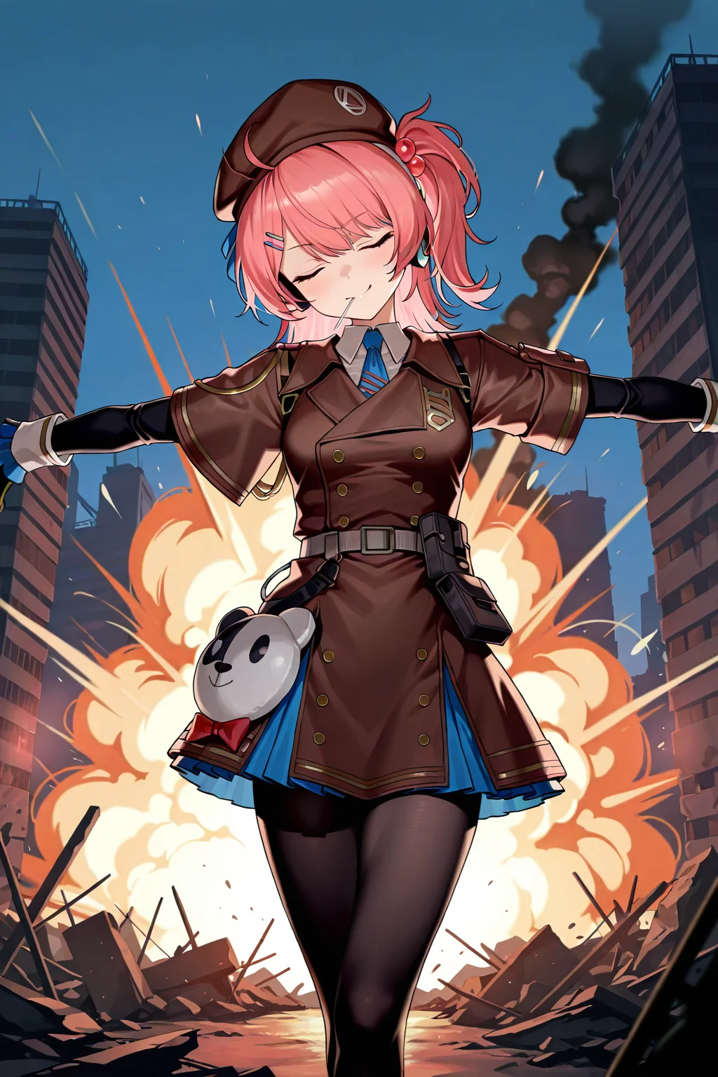 highly detailed, best quality, very aesthetic, absurdres, newest, 1girl, solo, GF2Cheeta, standing, crossed legs, arms up, spread arms, outstretched_arms, head down, head tilt, wall, city ruins, explosion, night, smoke, battlefield, mischievous smirk, lollipop in mouth,closed eyes, medium hair, red hair, pink hair,brown beret, one side up side ponytail, headphones,ahoge,hairclip,hair ornament,bangs, pantyhose,gloves, skirt,necktie,brown jacket, shirt,blue necktie, short over long sleeve, bodystocking, wrist cuffs, black pantyhose, two-tone gloves,aiguillette, particle, darkness, dark theme, cinematic lighting