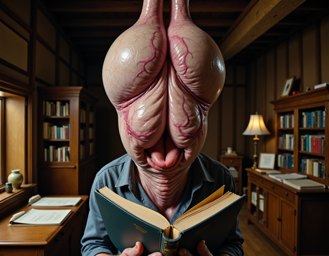 PeenKin, a surreal image where super rupturing vein hair fat knob-end with split vein face is Holding a book in a 1900s aesthetic attic.