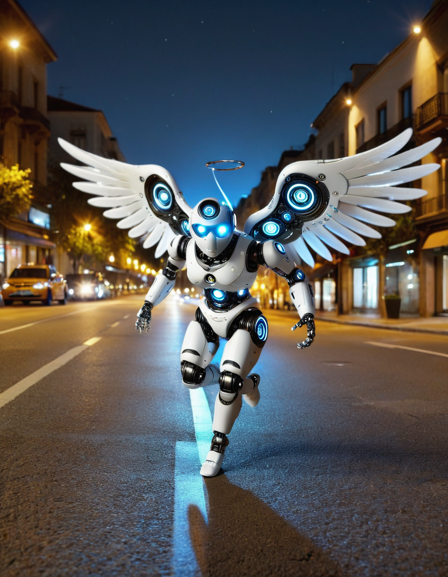 robotlora, angel, robot, flying trough empty street at night