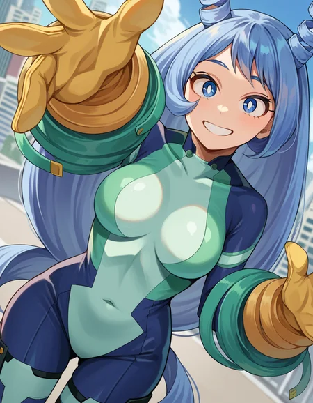 score_9, score_8_up, score_7_up, source_anime,
nejirehadou, <lora:nejire-hadou-ponyxl-lora-nochekaiser:1>
nejire hadou, blue eyes, blue hair, long hair, smile,
blue bodysuit, bodysuit, drill hair, gloves, green bodysuit, multicolored bodysuit, multicolored clothes, yellow gloves, horns,
outdoors, cityscape,
looking at viewer, dutch angle, cowboy shot,