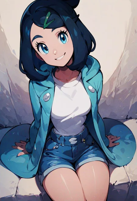 score_9, score_8_up, score_8, medium breasts,
(curvy), cute, eyelashes,
liko \(pokemon\),
blue hair, hair clip, white shirt, hooded jacket, open jacket, denim shorts, smile, looking at viewer, sitting, head tilt, from above,