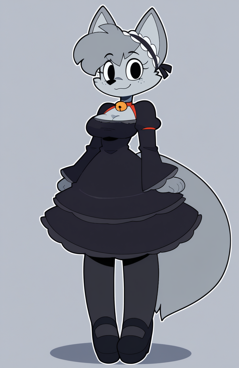 1girl, toon \(style\), flat color,
<lora:Chloe:0.9> chl0e, freckles, black eyes, grey fur, furry, snout, wolf ears, wolf tail, looking at viewer, big eyes, expressive eyes,
70s retro dress, bell sleeves, layered skirt, pantyhose, platform shoes, floral headband paws, digitigrade, 
standing, head tilted, soft smile, soft reflective gaze, lingering melancholy,
 <lora:BacunNG:0.9> bacun, extremely detailed, highres, masterpiece, best quality
