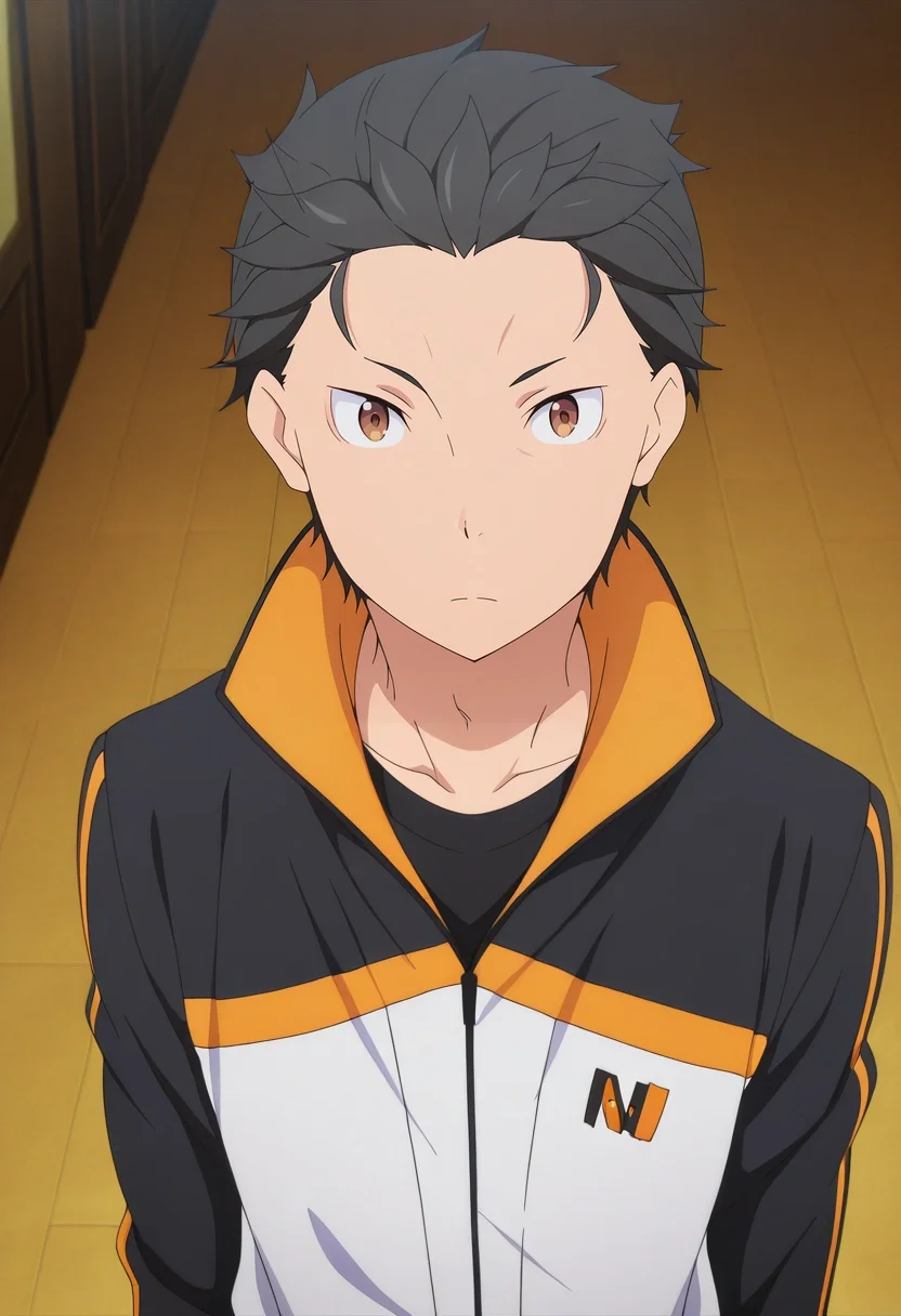 masterpiece, best quality, , anime screencap, anime coloring, official style, looking at viewer, 1boy, solo, male focus, <lora:subaru_natsuki_ilxl:1>, subaru_natsuki, black hair, brown eyes, short hair, natsuki subaru, hair slicked back, track jacket, ,