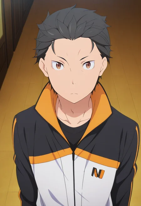 masterpiece, best quality, , anime screencap, anime coloring, official style, looking at viewer, 1boy, solo, male focus, <lora:subaru_natsuki_ilxl:1>, subaru_natsuki, black hair, brown eyes, short hair, natsuki subaru, hair slicked back, track jacket, ,