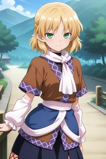 absurdres, highres, masterpiece, best quality, amazing quality, official anime artwork, screencap, anime screencap, outdoors, light smile, looking at viewer, dynamic pose, standing, 
<lora:Parsee-Mizuhashi_Illustrious:1> mizuhashi parsee, 1girl, solo, green eyes, blonde hair, short hair, pointy ears,, brown shirt, short sleeves, white scarf, blue skirt, white arm warmers,