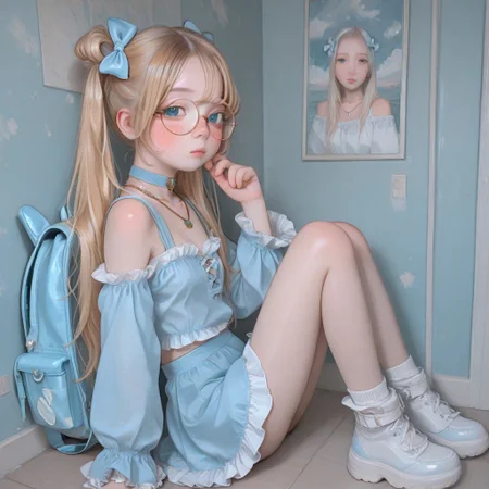 high detailed, high quality, masterpiece, best quality, very awa, absurdres, detailed eyes, detailed face, detailed skin, anime, cinematic light, colorful, portrait BREAK, 1girl, KPB-Illu, solo, cute, big round glasses, pretty, petite, blue eyes, blonde hair, hair over eye, choker, freckles, half closed eyes, blush, looking at viewer, bare shoulders, collarbone, frilled sleeves, necklace,, hair bow, long legs, from side, cute clothes, twintails, blonde hair, frills, backpack, looking at viewer, (marcille_donato:0.7), possmach, artist:henreader, artist:ciloranko, (artist:sho \\(sho lwlw\\):0.75), (tianliang duohe fangdongye:0.7),full body view