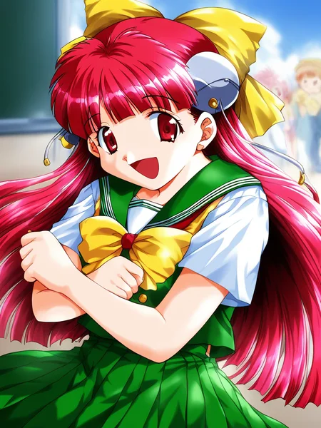 score_9, score_8_up, score_7_up, source_anime, rating_explicit, BREAK <lora:Nanako_RISE_XL:1>ãNanako_RISE, long hair, red hair, red eyes, bangs, hair bow, headgear, yellow bow,
pink hair, skirt, Yellow school uniform, smile, open mouth, bow, hat, green skirt, short sleeves