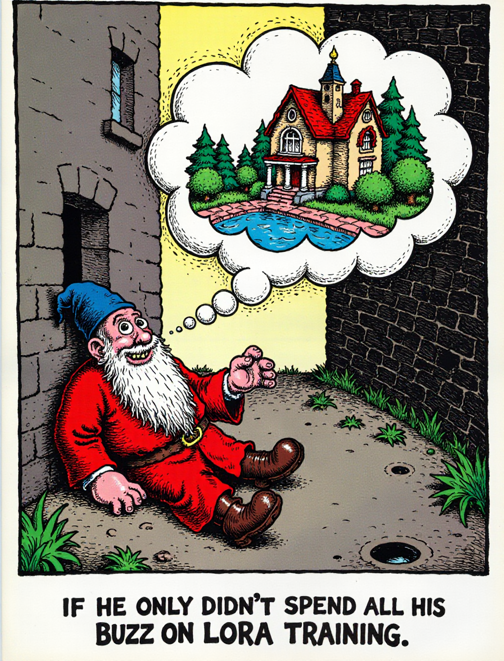 vintage letterpress cartoon depicting Wizard Whitebeard lying in a dirty allyway, a dream bubble with a luxurious mansion with a swimming pool inside it. Text in the bottom reads "If he only didn't spend all his buzz on LoRA training"