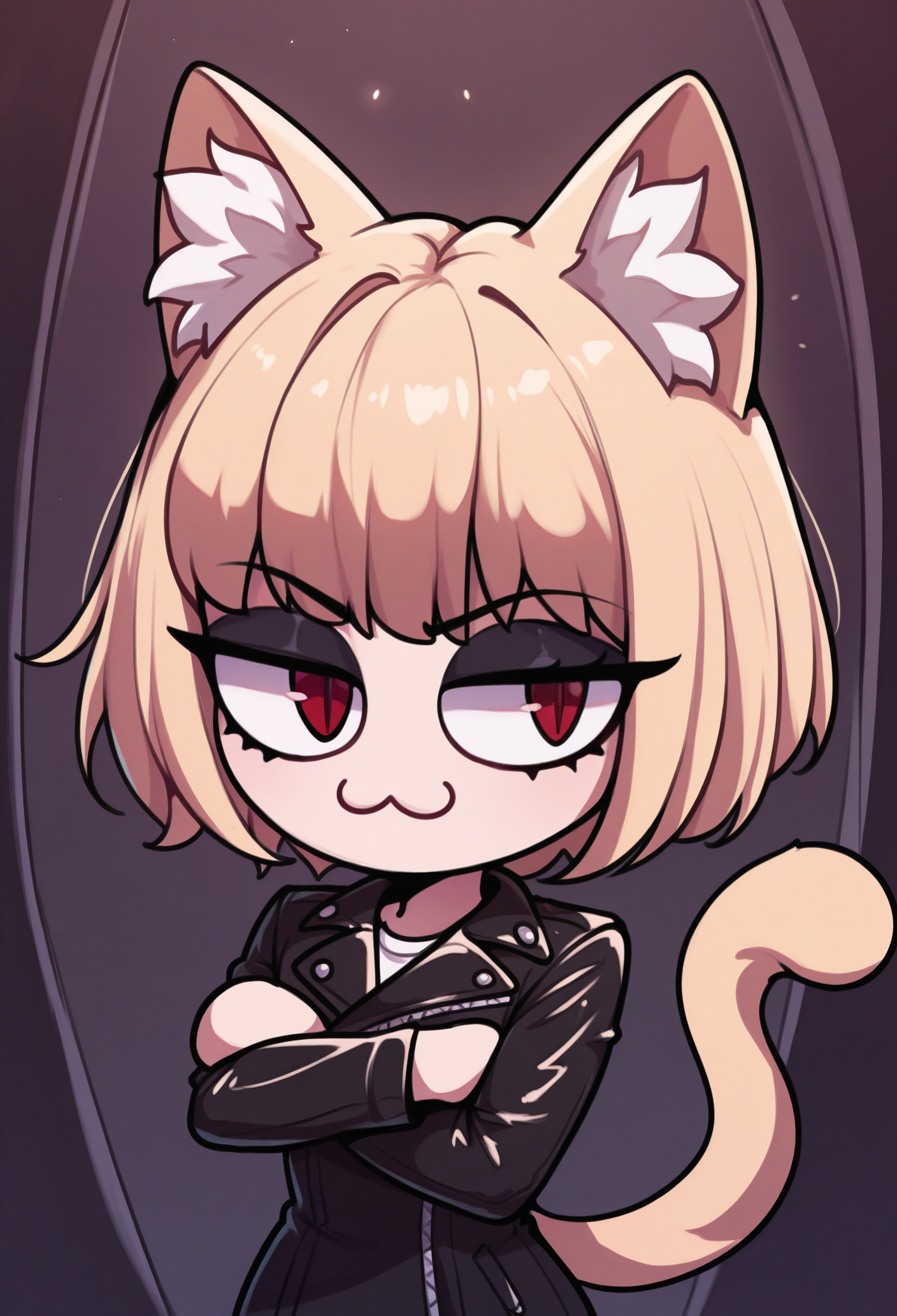 1girl, solo, goth fashion, makeup, leather jacket, crossed arms, 
masterpiece, best quality, <lora:necoarc-guy90-Illust-LoraV1:1>, cracen, animal ears, short hair, blonde hair, :3, cat girl, cat tail, red eyes, slit pupils, chibi, animal ear fluff
