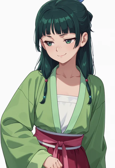 Smooth Quality,masterpiece,very intricate, high quality details, ultra realistic, high detailed skin,detailed enviorement,absurdres,
simple background, white background,solo,
front view,smug,
 <lora:Maomao_CNR:0.7> maomao_cnr,green hair, long hair, green eyes, flat chest, 
maodef_cnr,freckles,gren chinese clothes, hanfu,long sleeves, red skirt, wide sleeves