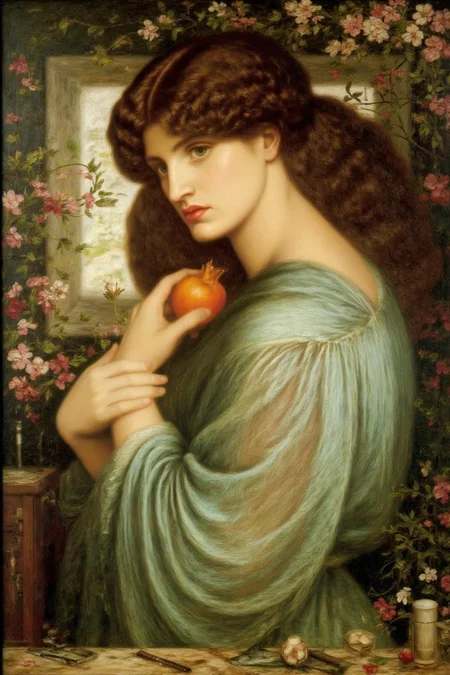 dgr painting.
A woman with a melancholic expression, gazing thoughtfully into the distance. She has long, voluminous, curly brown hair cascading down her back and shoulders. She hold a pomegranate in her right hand.
 <lora:dgr1_cap_d6a3e8:1.0><lora:819490540727896120:0>