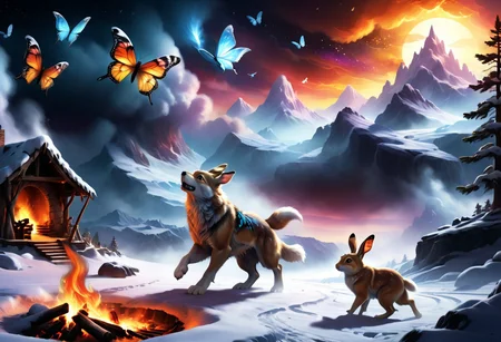 A fantasy snow landscape with snow and normal rabbits chasing wolves, Snowfall at sunset, colorful butterflies flying around, a campfire burns in the middle