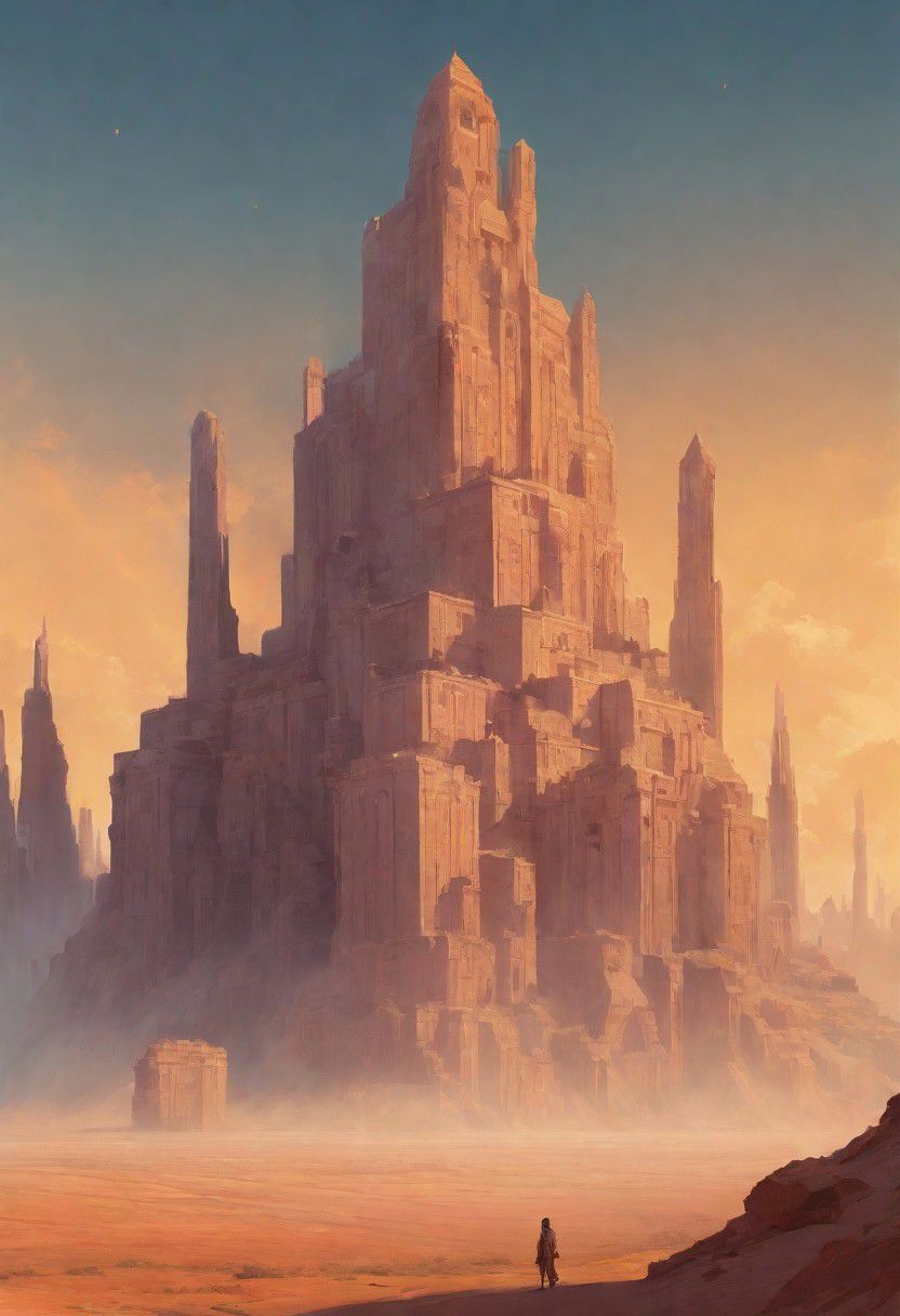 celestial sky, Loish, Leyendecker, james gilleard, celestial, ethereal, massive structure in distance, giant city, lost in desert