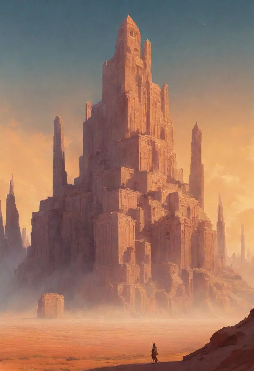celestial sky, Loish, Leyendecker, james gilleard, celestial, ethereal, massive structure in distance, giant city, lost in desert