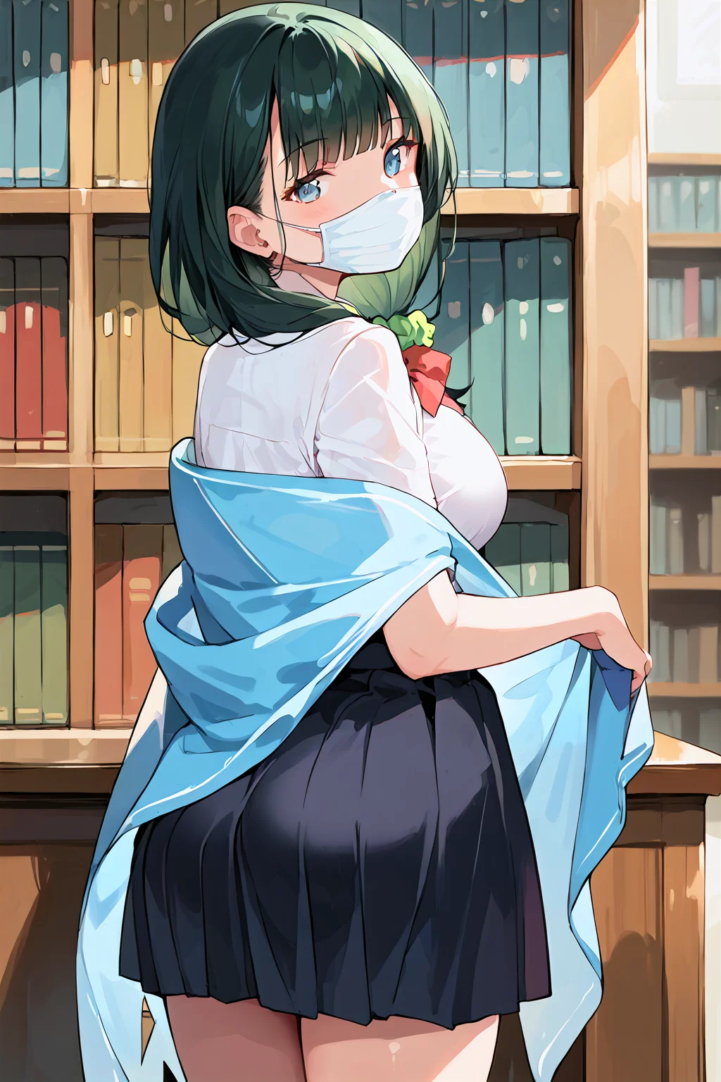 score_9, score_8_up, score_7_up, , score_ANIME, , sssshass, 1girl, , solo,, black hair, surgical mask,, blue eyes,, long hair, (shawl:1.5), , looking at viewer, black skirt, white shirt, bangs, red bowtie, standing, green hair scrunchie, cowboy shot, large breasts, low side ponytail, , school, thighs, indoors, looking back, from behind, <lora:sssshass_pony:1>, library,