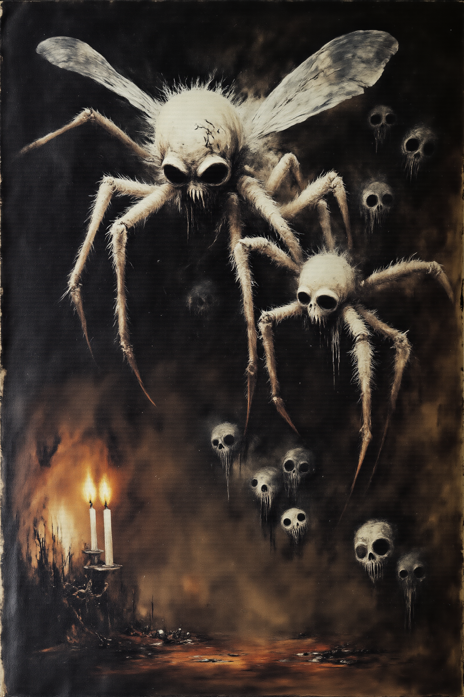 thepaintedrealm. An oil painting of a moth-like humanoid, its delicate, fur-covered fingers clutching a cracked, porcelain mask, hiding the grotesque proboscis that twitches beneath. Layers of soft, feathery fur are painted in thick, expressive strokes, contrasting with the dark, slick resin that drips from its elongated limbs. Its enormous, tattered wings, stretched behind it, are covered in countless unblinking eyes, each painted with haunting precision, their irises swirling as if alive. Dim candlelight flickers across the scene, casting distorted shadows that seem to move independently, twisting and shifting with each flick of the brush. The creatureâs head tilts slightly, its hidden gaze locked onto the viewer, as if waitingâexpectingâsomething unspeakable to unfold.
Dark Art