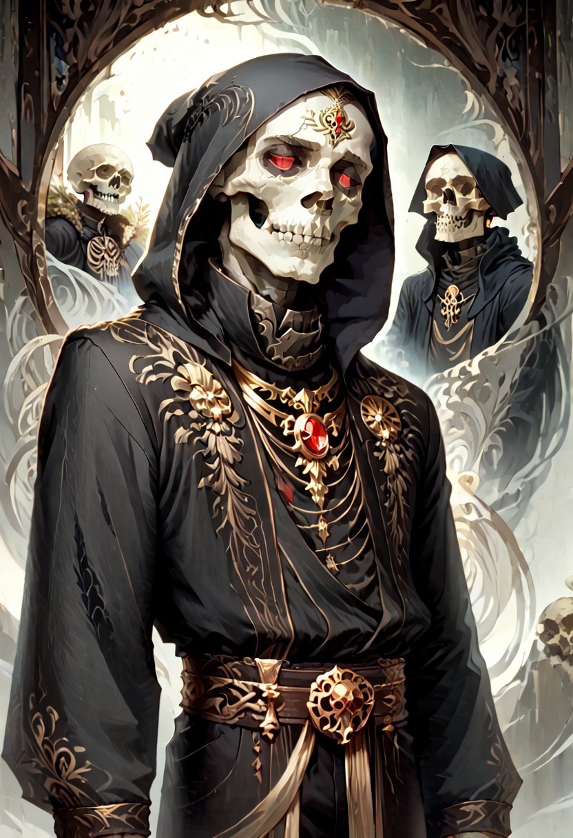 8k, score_9, score_8_up, score_7_up, Art Noveau, masterpiece, 1man (skeleton), (skull face), empty eye sockets, glowing red eyes, grey skin,
intricate black robe, intricate gold sash, black pants, black hood, gold trim, black capelet, high collar, no ears, long sleeves, long intricate gloves, emerald amulet. bracers,