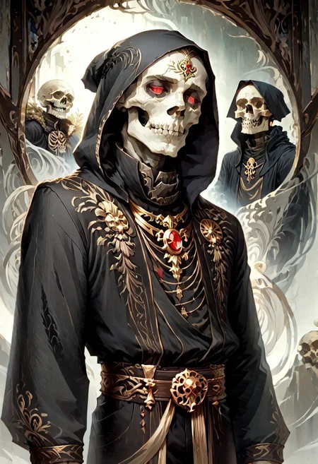 8k, score_9, score_8_up, score_7_up, Art Noveau, masterpiece, 1man (skeleton), (skull face), empty eye sockets, glowing red eyes, grey skin,
intricate black robe, intricate gold sash, black pants, black hood, gold trim, black capelet, high collar, no ears, long sleeves, long intricate gloves, emerald amulet. bracers,