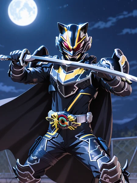 masterpiece, best quality, amazing quality, very aesthetic, absurdres, newest,shiny skin, anime coloring, anime screenshot, <lora:BujinTycoon:1>bujintycoon, male focus, solo, armor, weapon, sword, holding, belt, cape, holding weapon, tokusatsu, helmet, rider belt, red eyes, holding sword night full moon, fighting stance,