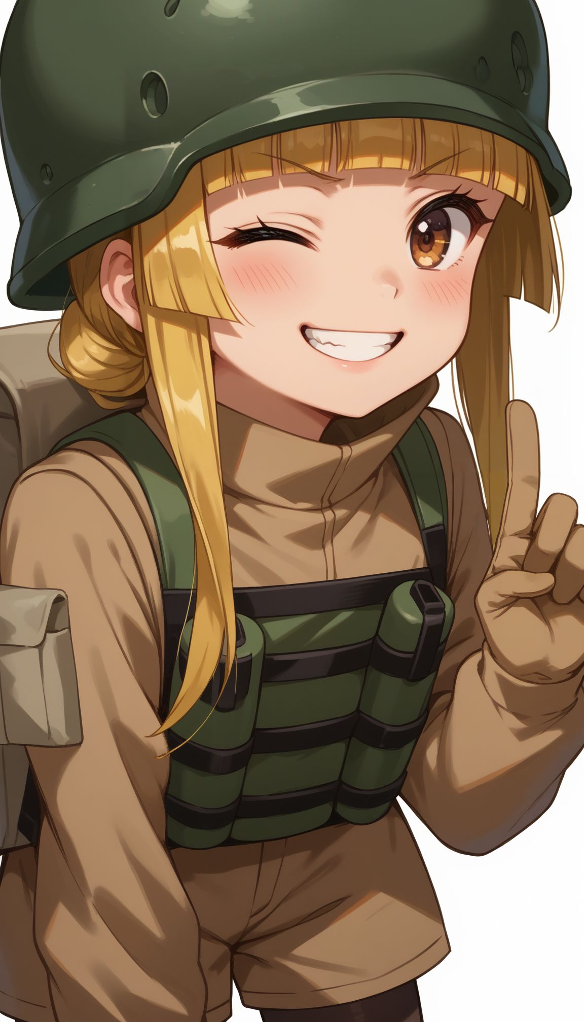 score_9, score_8_up, score_7_up, score_6_up, , solo, 20yo woman, (Beuty:1.1) , (cute:1.3), ,perfecteyes , seductive smile,perfect , (simple background:1.1), small figure,
 <lora:Fukaziroth:1>fukaziroh_(sao) , 1girl, blonde hair, one eye closed, brown eyes, white background, helmet, smile, backpack, long hair, simple background, looking at viewer, brown gloves, teeth, grin, long sleeves, bag, blunt bangs, pantyhose, v-shaped eyebrows, blush, shorts, mouth pull, leaning forward, jacket